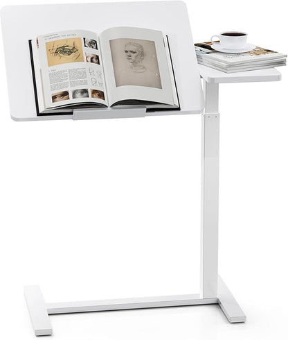 Simple Deluxe Overbed Bedside Table with Hidden Casters, Height Adjustable Desk with Tilting Top, Mobile Rolling Laptop Desk, Standing Rolling Desk Hospital Home Use, White