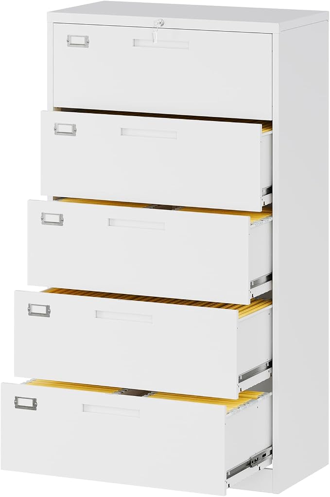 Fesbos Lateral File Cabinet with 5 Drawers - White Metal Steel Filling Cabinets for Home Office - Lockable Storage Cabinet for Hanging Files Letter/Legal/F4/A4 Size-Assembly Required