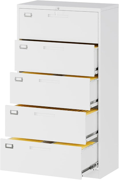 Fesbos Lateral File Cabinet with 5 Drawers - White Metal Steel Filling Cabinets for Home Office - Lockable Storage Cabinet for Hanging Files Letter/Legal/F4/A4 Size-Assembly Required