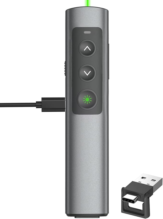 Rechargeable Green Laser Pointer Presentation Clicker for Laptop PowerPoint, USB-A USB-C Wireless Presenter Remote Power Point Clicker for Computer/Mac/PPT/Slideshow/Google Slide Advancer