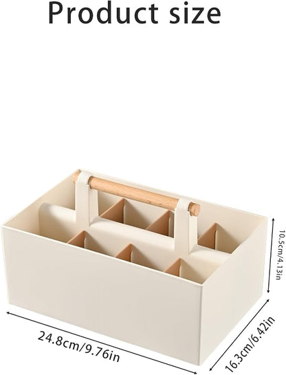 Buqoo Desk Organizer with 8 Compartments, Plastic Makeup Organizer with Wooden Handle, Pen Holder for Desktop Storage, Desk Organization for School, Home, Office Supplies (Coffee)