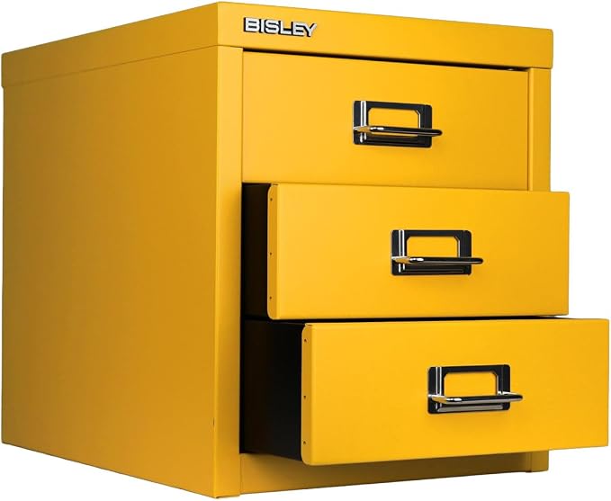 Bisley 3-Drawer Steel MultiDrawer Cabinet - Golden Sunflower Yellow | Chrome Pull Handles with Label Holders, Powder-Coated Steel, Removable Drawers, Desktop Storage, Labels Included