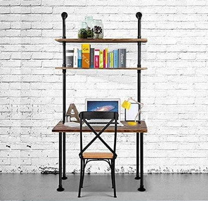 Industrial Pipe Desk with 3 Tier Shelves, Rustic Solid Wood Writing Workstation, Sturdy Metal Frame for Home Office Study Living Room Decor(40" L)