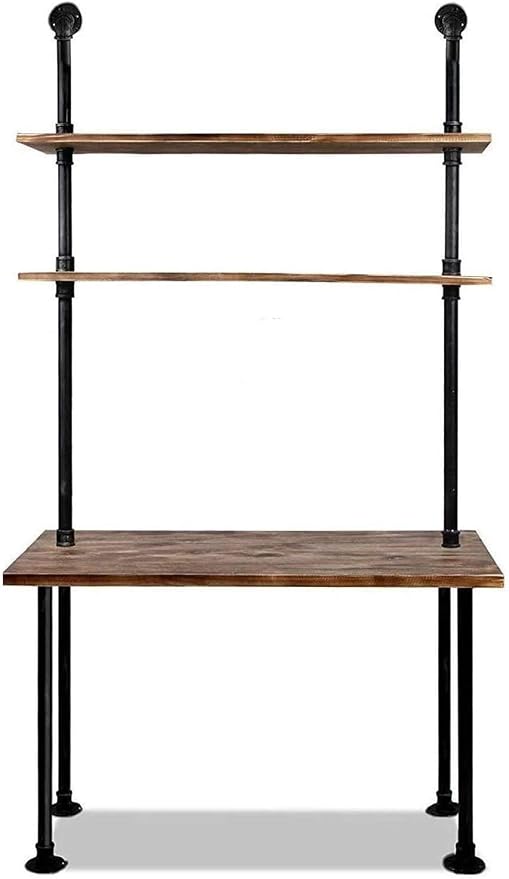 Industrial Pipe Desk with 3 Tier Shelves, Rustic Solid Wood Writing Workstation, Sturdy Metal Frame for Home Office Study Living Room Decor(40" L)