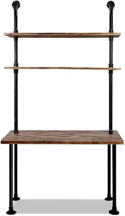 Industrial Pipe Desk with 3 Tier Shelves, Rustic Solid Wood Writing Workstation, Sturdy Metal Frame for Home Office Study Living Room Decor(40" L)