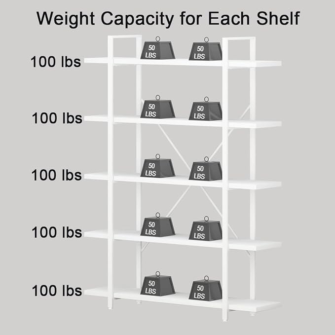 HSH 5 Tier Tall White Bookshelf, Metal and Wood Storage Book Shelves for Bedroom Living Room Office, Modern Large White Bookcases and Bookshelves 5 Shelf, Farmhouse Open Vertical Display Book Shelf