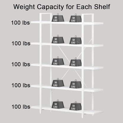 HSH 5 Tier Tall White Bookshelf, Metal and Wood Storage Book Shelves for Bedroom Living Room Office, Modern Large White Bookcases and Bookshelves 5 Shelf, Farmhouse Open Vertical Display Book Shelf