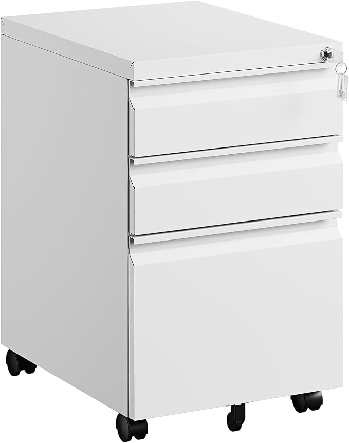 PEUKC 3 Drawers Mobile File Cabinet with Lock, Under Desk Rolling File Cabinet for Home Office, Organizes Letter Legal A4 Files, White(Pre-Assembled)