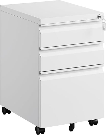 PEUKC 3 Drawers Mobile File Cabinet with Lock, Under Desk Rolling File Cabinet for Home Office, Organizes Letter Legal A4 Files, White(Assembly Required)