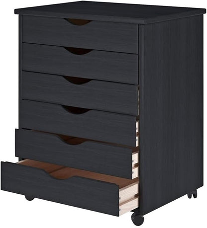 Pemberly Row Modern Solid Wood 6-Drawer Utility Cart, Black Finish, 15.35" L x 20.75" W x 25.43" H, Eco-Friendly Rolling Storage for Office, Craft Room, Kitchen or Home Use