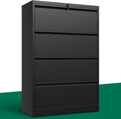 4 Drawer Lateral File Cabinet, Metal File Cabinets for Home Office with Lock, Large Filing Storage Cabinet Printer Stand, Steel Wide File Cabinet for Legal/A4/F4/Letter,Require Assembly, Black