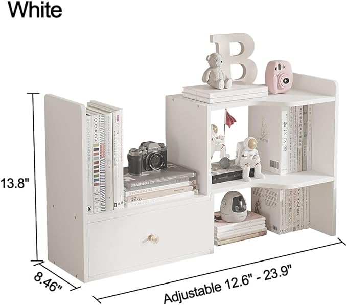 Expandable Wood Desktop Bookshelf, Freestyle Adjustable Wood Display Desk Shelf Counter Storage Rack Top Bookcase for Office & Home (White)