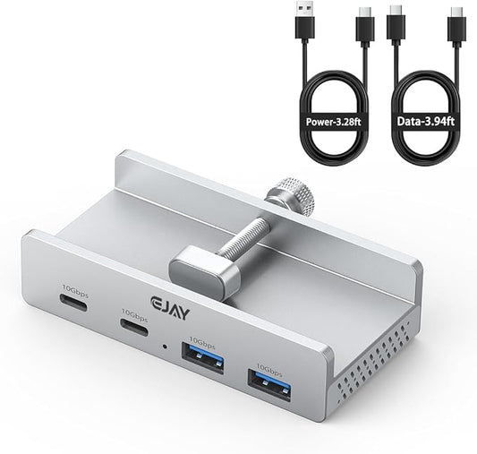 EJAY Desk Clamp USB Hub, 10Gbps Mountable USB C Hub Multiport Adapter, Aluminum Desktop Hub Desk Mount for iMac, Mac, PC, Under Desk USB Port Expander Splitter for Workstation, Silver