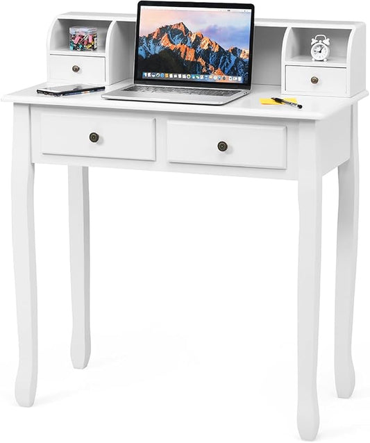 Giantex Writing Desk with 4 Drawers, Removable Floating Organizer 2-Tier Mission Home Computer Vanity Desk for Apartment Small Space, White