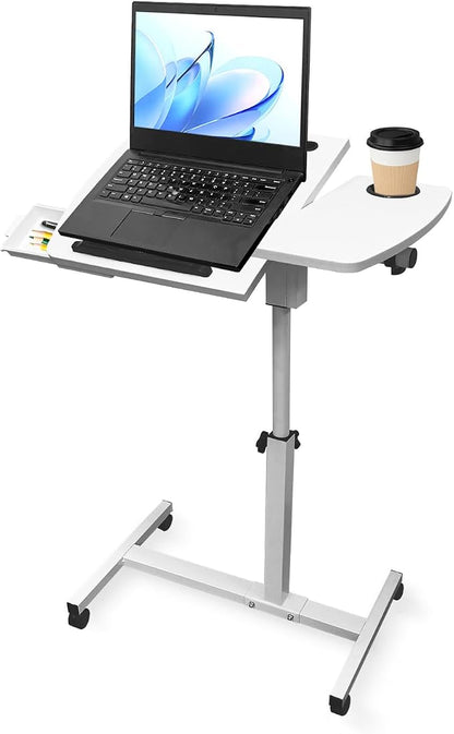 Medical Adjustable Overbed Bedside Table Teacher Podium Laptop Computer Cart Mobile Laptop Desk with 2 Tilting Desktops,Cup Holde,Drawer，Wheels for Office, Home and Classroom (White)