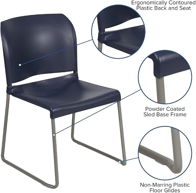Flash Furniture HERCULES Series 880 lb. Capacity Navy Full Back Contoured Stack Chair with Gray Powder Coated Sled Base