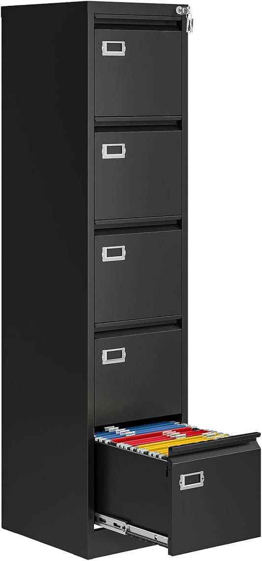 5 Drawer File Cabinet with Lock, Metal Filing Cabinets for Home Office, Vertical Black Locking File Caninet, Steel Narrow Five Drawer File Cabnet for Letter/Legal / A4 / B4- Assembly Required