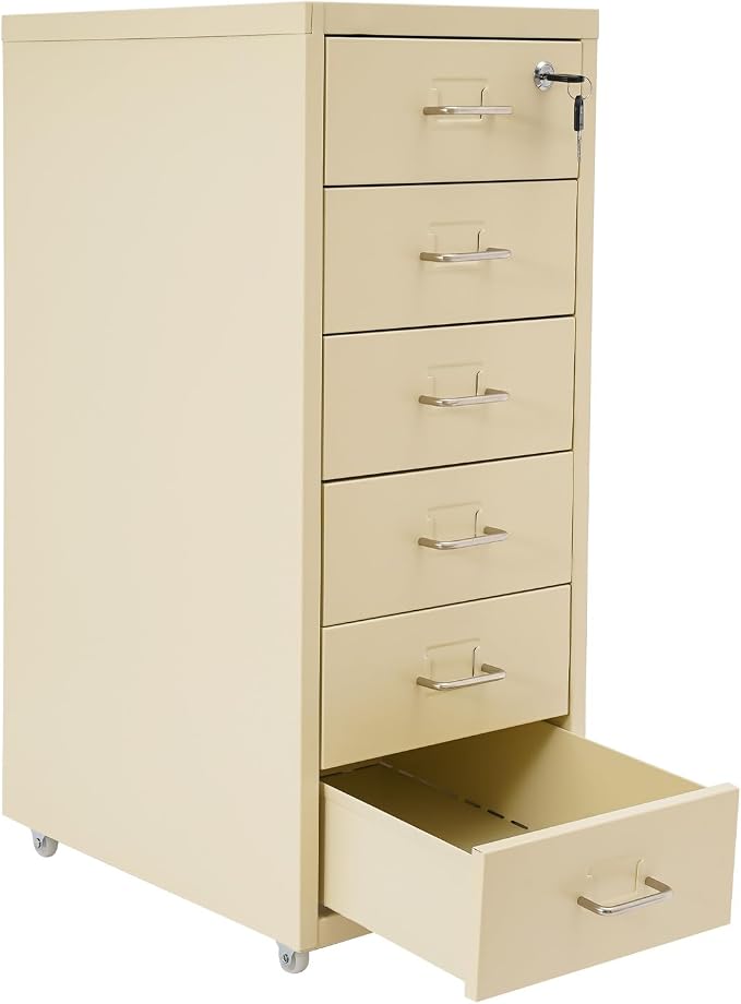 Vertical File Cabinet, 6 Drawers Rolling File Organizer Cabinets with Lock, Heavy Duty Metal Storage Cabinet, Movable Under Desk Filing Cabinet for Office, Study, Dresser (Beige)