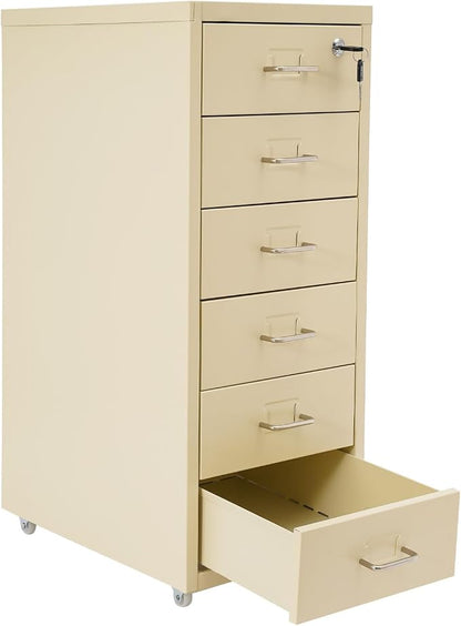 Vertical File Cabinet, 6 Drawers Rolling File Organizer Cabinets with Lock, Heavy Duty Metal Storage Cabinet, Movable Under Desk Filing Cabinet for Office, Study, Dresser (Beige)