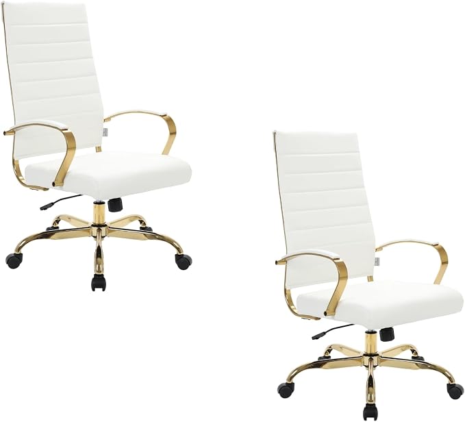 LeisureMod Modern High-Back Leather Office Chair - Swivel & Adjustable Executive Desk Chair with Gold Frame, Ergonomic Design for Home & Office (White, Set of 2)