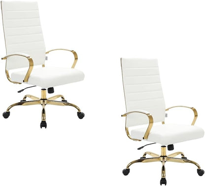 LeisureMod Modern High-Back Leather Office Chair - Swivel & Adjustable Executive Desk Chair with Gold Frame, Ergonomic Design for Home & Office (White, Set of 2)