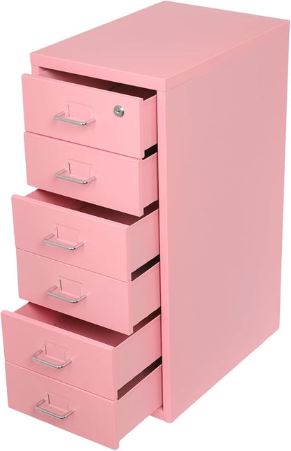 6 Drawer Vertical File Cabinet with Lock, Metal Movable Office Storage Cabinet, Under-Desk File Cabinet with Wheels, for Home Office Use (Pink)