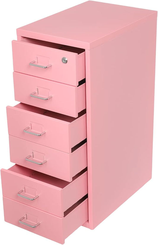 6 Drawer Vertical File Cabinet with Lock, Metal Movable Office Storage Cabinet, Under-Desk File Cabinet with Wheels, for Home Office Use (Pink)