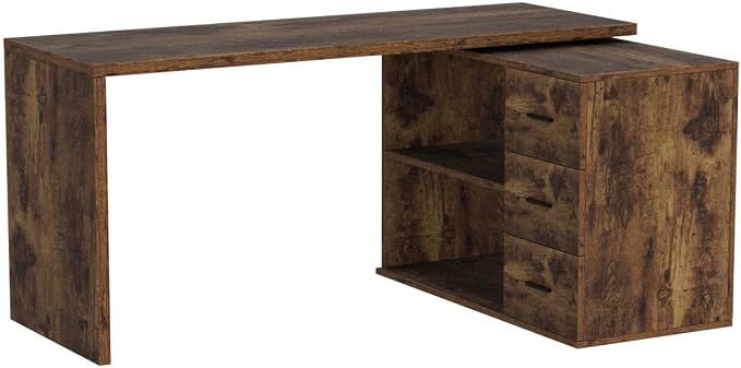 HSH L Shape Home Office Desk with Drawers, L-Shaped Computer Desk with Storage Cabinet Shelves, Wood Executive Desk for Writing Work, Reversible Study Table in Bedroom Living Room, Rustic Brown, 55 In