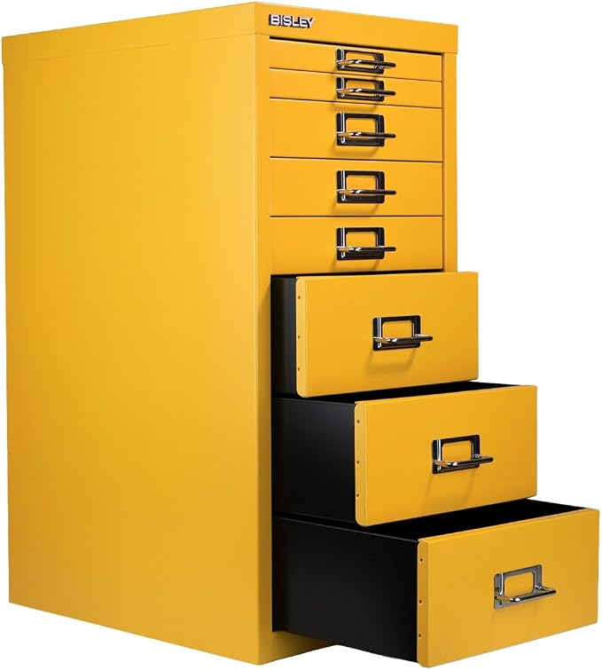 Bisley 8-Drawer Steel MultiDrawer Cabinet - Golden Sunflower Yellow | Chrome Pull Handles with Label Holders, Powder-Coated Steel, Removable Drawers, Fits Under Most Desks, Labels Included