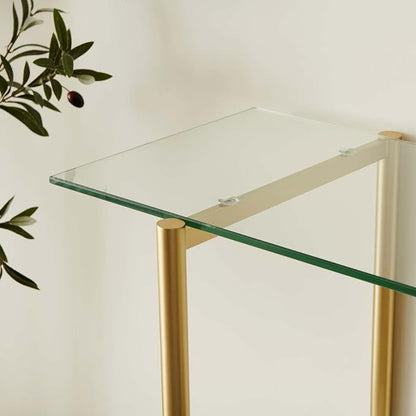 LumFurn Glass Console Table for Living Room, Foyer & Entrance, 2-Tiers Mid-Century Modern Sofa Table with Clear Glass Top, White Marble Finish Wood Shelf and Gold Finish Frame