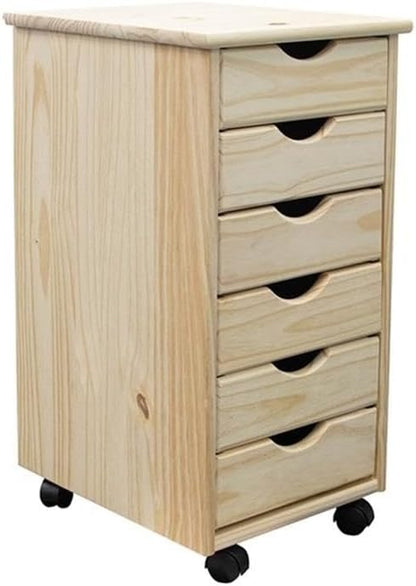 Pemberly Row Solid Wood 6-Drawer Utility Cart, 15.25 x 13.25 x 25.75 in, Unfinished Pine, Compact Design with Casters, Removable Drawers, Crafting, Home Office, Customizable Storage Solution