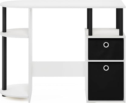 Furinno Jaya Desk, 38.4" Wide Gaming Desk with Bin Drawers, Computer Desk with Side Shelf, Office Desk for Study, Home Office, Bedroom, Dorm, Study Room, White