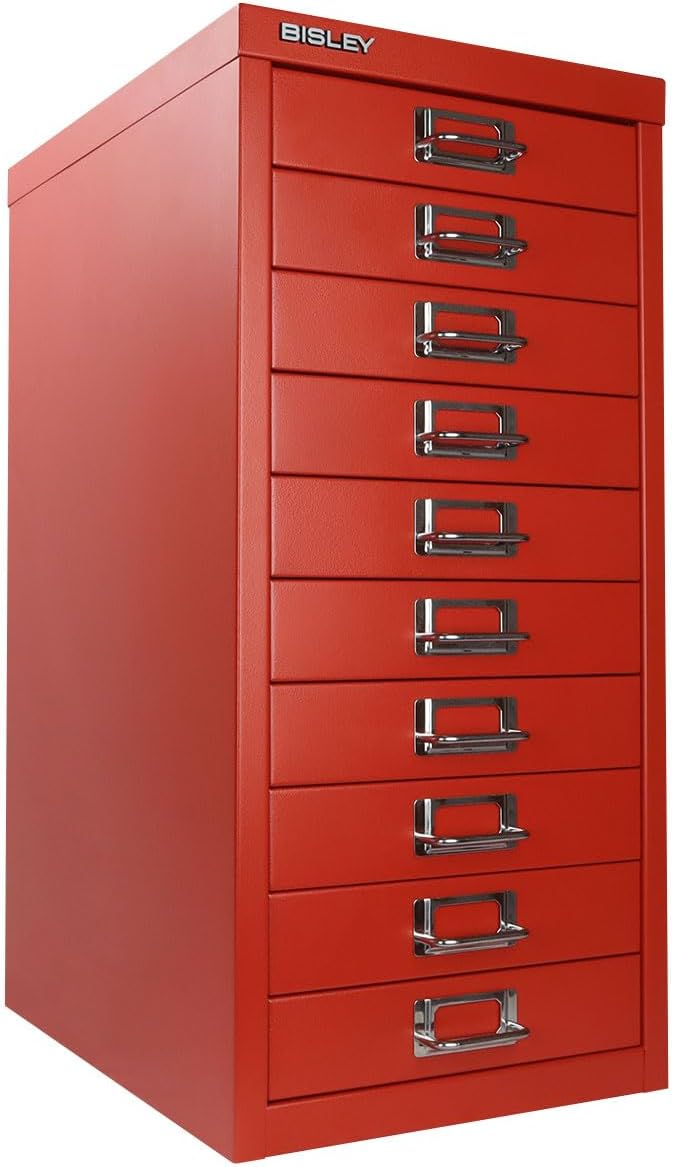 Bisley 10-Drawer Steel MultiDrawer Cabinet - Cardinal Red | Chrome Pull Handles with Label Holders, Powder-Coated Steel, Removable Drawers, Fits Under Most Desks, Labels Included