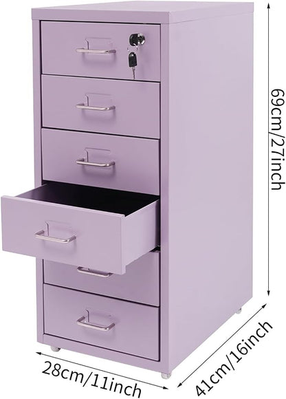 Vertical File Cabinet, 6 Drawers Rolling File Organizer Cabinets with Lock, Heavy Duty Metal Storage Cabinet, Movable Under Desk Filing Cabinet for Office, Study, Dresser (Purple)