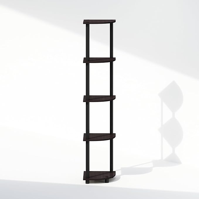 Furinno Turn-N-Tube Storage Shelves, 5-Tier Book Shelf, Corner Shelf, Toolless Open Shelves, for Organization and Storage, Living Room, Home Office, Hallway, Bedroom, Dark Walnut