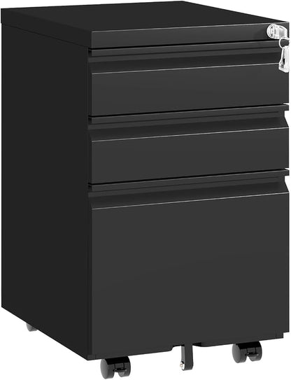 3 Drawer File Cabinet with Lock,Under Desk Filing Cabinet for Home Office Storage Letter/Legal/A4,Mobile Steel Cabinets with Wheels,Fully Assembled,Black