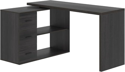 HSH L Shaped Desk with Drawers, Shape Computer Storage Cabinet Shelves, Reversible Modern Industrial Home Office Corner Desk, Rustic Wood Executive Writing Gaming Study Table, Gray 55 Inch