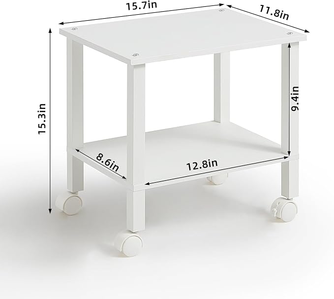 YUFAM 2 Tier Printer Stand with Storage,Under Desk Shelf Printer Table, Rolling Printer Cart for Office,Home,White