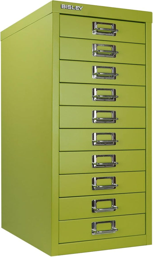 10-Drawer Steel MultiDrawer Cabinet - Green, by Bisley | Chrome Pull Handles with Label Holders, Powder-Coated Steel, Removable Drawers, Fits Under Most Desks, Labels Included