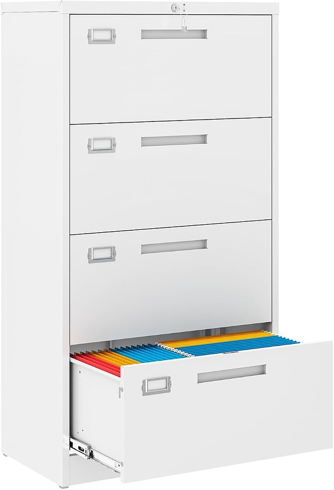 MIIIKO 4 Drawer Lateral File Cabinet with Lock, Black Lateral Filing Cabinets, Metal Storage File Cabinets for Letter/Legal/F4/A4 Size