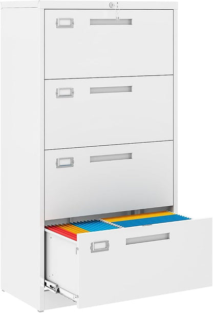 MIIIKO 4 Drawer Lateral File Cabinet with Lock, Black Lateral Filing Cabinets, Metal Storage File Cabinets for Letter/Legal/F4/A4 Size
