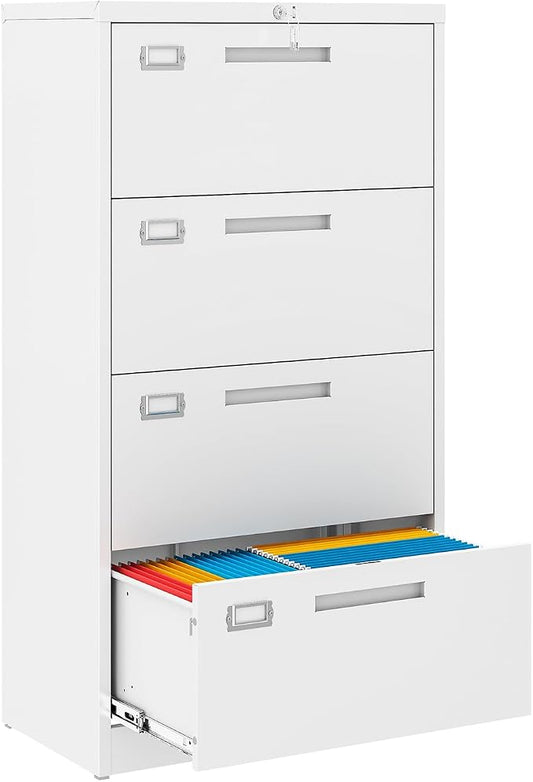 MIIIKO 4 Drawer Lateral File Cabinet with Lock, Black Lateral Filing Cabinets, Metal Storage File Cabinets for Letter/Legal/F4/A4 Size