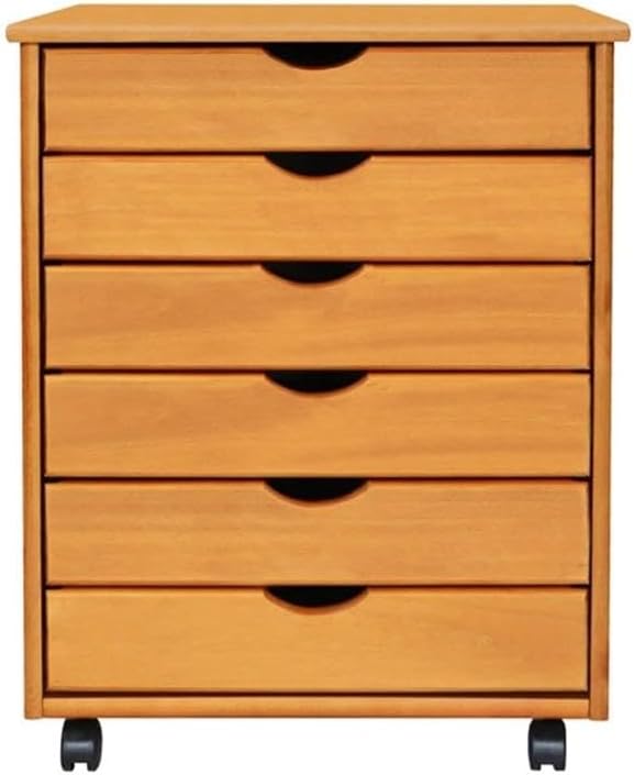 Pemberly Row Solid Wood 6-Drawer Roll Utility Cart, 15.35x20.75x25.43 in, Med Pine Finish, Smooth Mobility Casters, Compact Storage Organizer for Home Office, Kitchen, or Craft Room