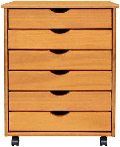 Pemberly Row Solid Wood 6-Drawer Roll Utility Cart, 15.35x20.75x25.43 in, Med Pine Finish, Smooth Mobility Casters, Compact Storage Organizer for Home Office, Kitchen, or Craft Room