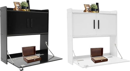 Wall Mounted Desk Cabinet with Storage, Fold Down Computer Desk, Space Saving Floating Workstation for Home Office, Laptop Writing Table (Black)