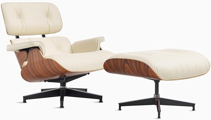 Mid Century Lounge Chair with Ottoman,Top Ivory Grain Leather Accent Chair,Chaise Lounge Chair Indoor,Modern Chair Classic Design,Heavy Duty Base Support for Living Room Office Palisander Ivory