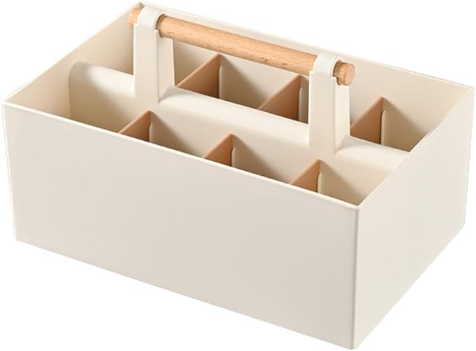 Buqoo Desk Organizer with 8 Compartments, Plastic Makeup Organizer with Wooden Handle, Pen Holder for Desktop Storage, Desk Organization for School, Home, Office Supplies (Coffee)