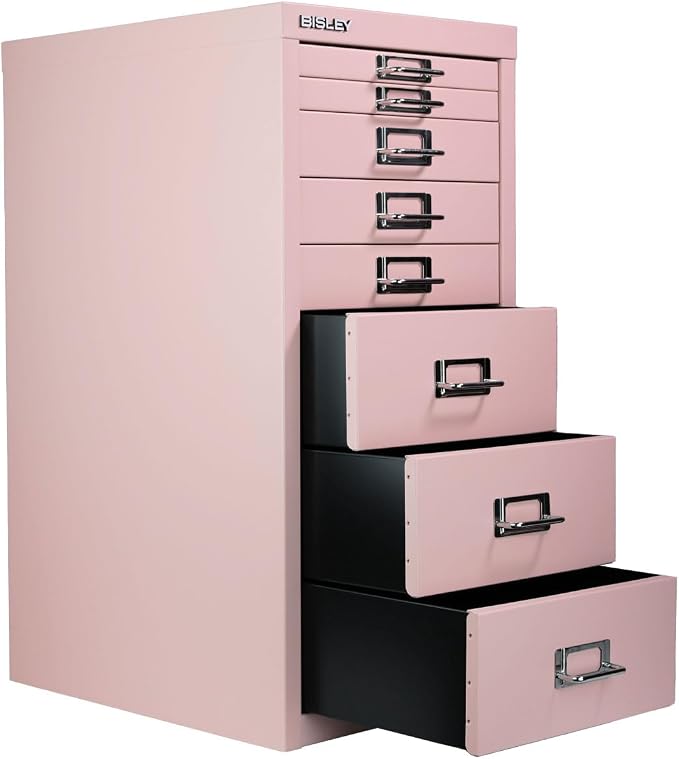Bisley 8-Drawer Steel MultiDrawer Cabinet - Palest Pink | Chrome Pull Handles with Label Holders, Powder-Coated Steel, Removable Drawers, Fits Under Most Desks, Labels Included