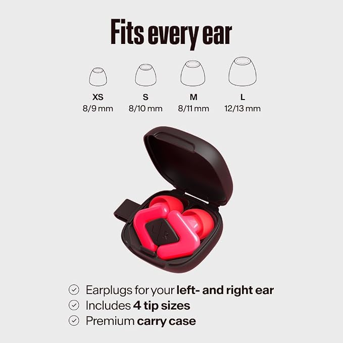 Alpine Tune Earplugs, Concert Ear Plugs for Noise Reduction, High Fidelity Music Quality, 19dB Hearing Protection with Crystal Clear Sound, Incl. 4 Sizes, Parties, Raves, Festivals & Clubs, Neon Pink