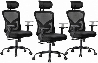 Marsail Ergonomic Office Chair Ergonomic Gaming Chair with Lumbar Support, 2D Headrest, Adjustable Armrests, Contoured Seat Cushion, Computer Desk Chair with Wheels for Home and Office, Pack of 3